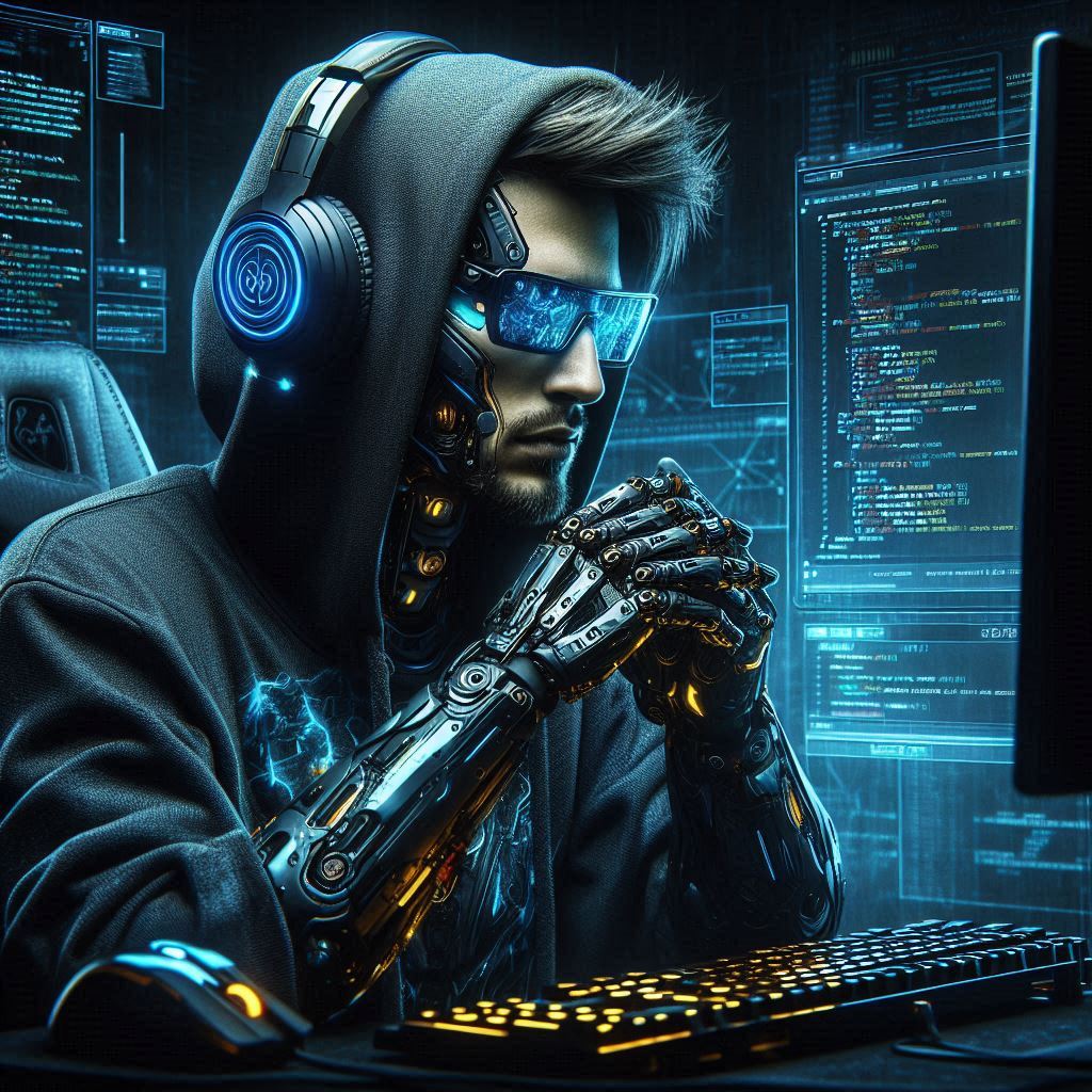 Image of a male cyborg coding on a computer